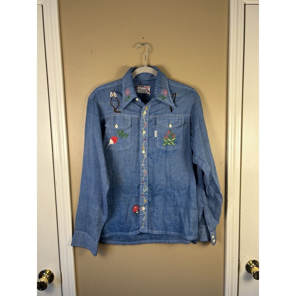 Vintage Embroidered Women's Whimsical Chambray Shirt Western Ric Rac Mushroom M